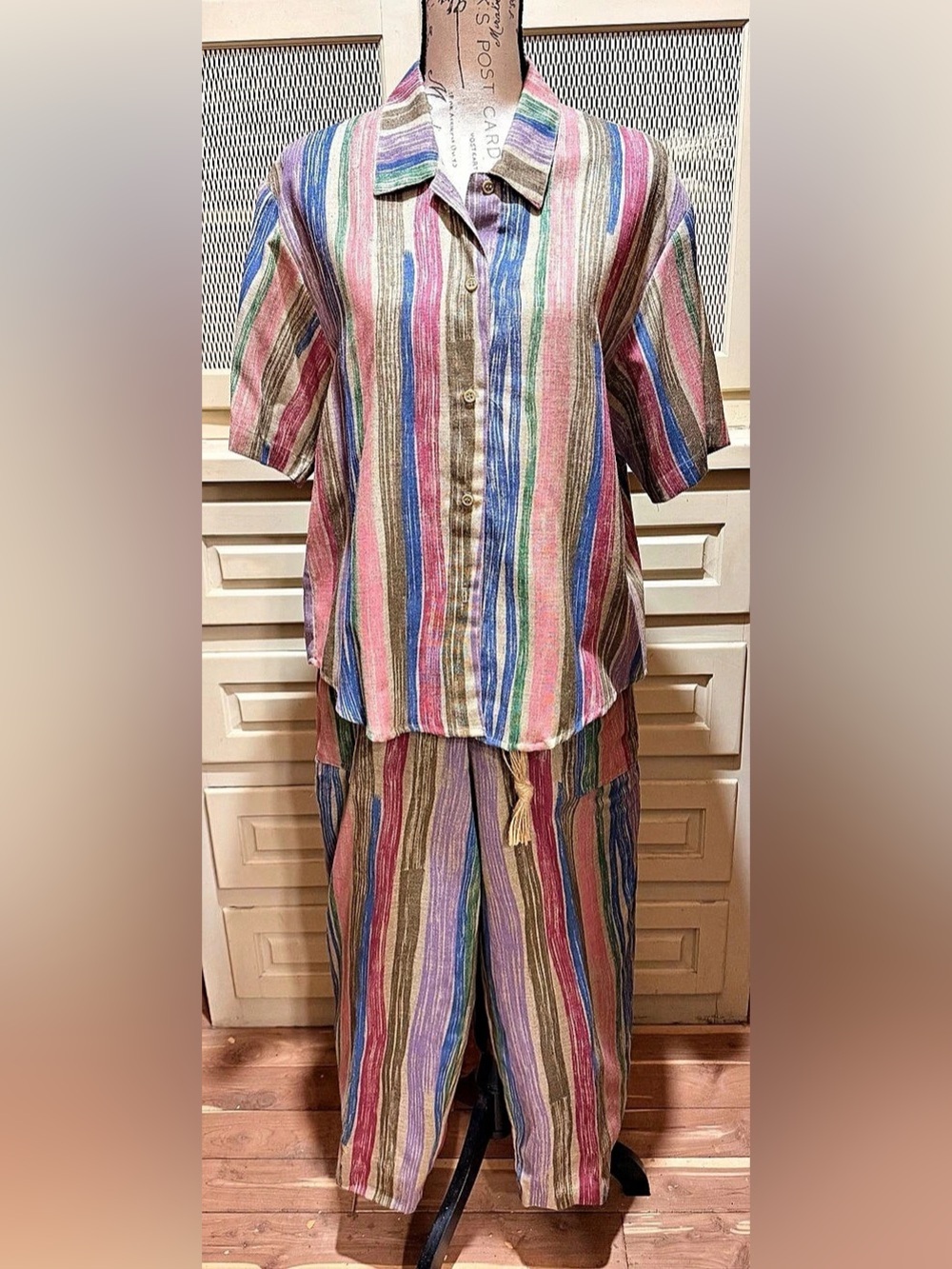 NWT Vintage Century Boston Pants Set Split Size 10 12 Striped Boho Linen Look